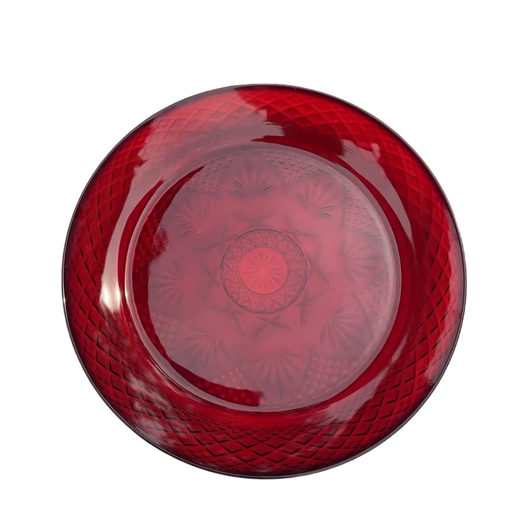 Cristal D'Arques-Durand Set of 2 Ruby Red Glass Plate Diamond & Star Pattern OS
